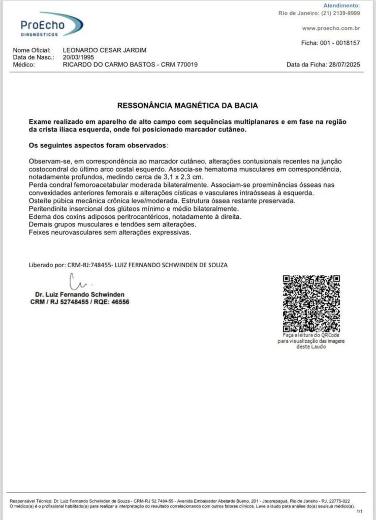 Laudo médico do goleiro Léo Jardim