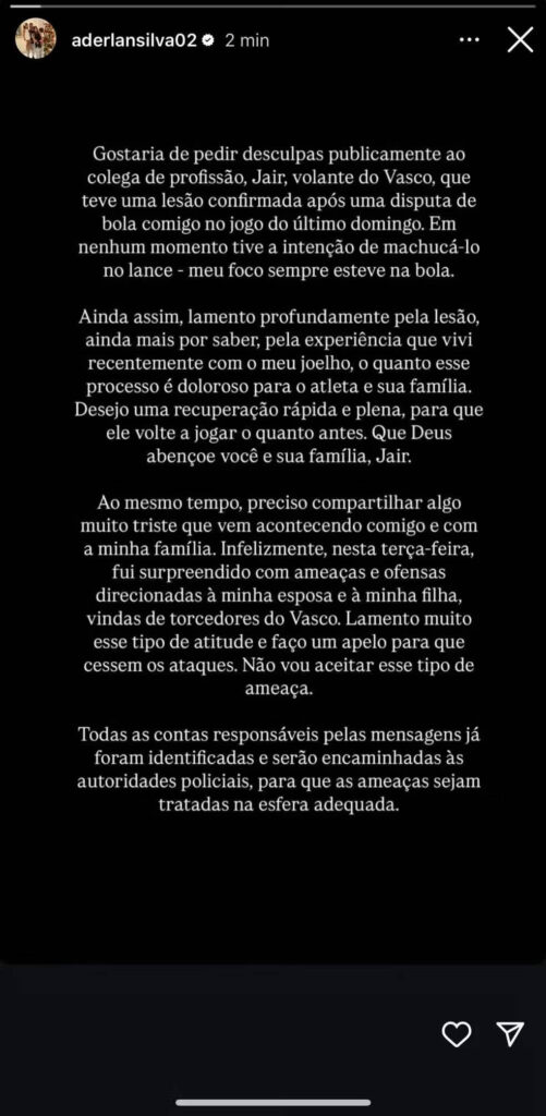 Aderlan faz postagem pedindo desculpas a Jair