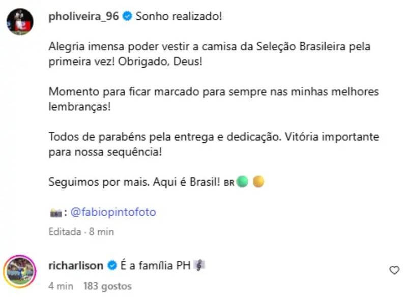 Richarlison comenta na publicação de Paulo Henrique