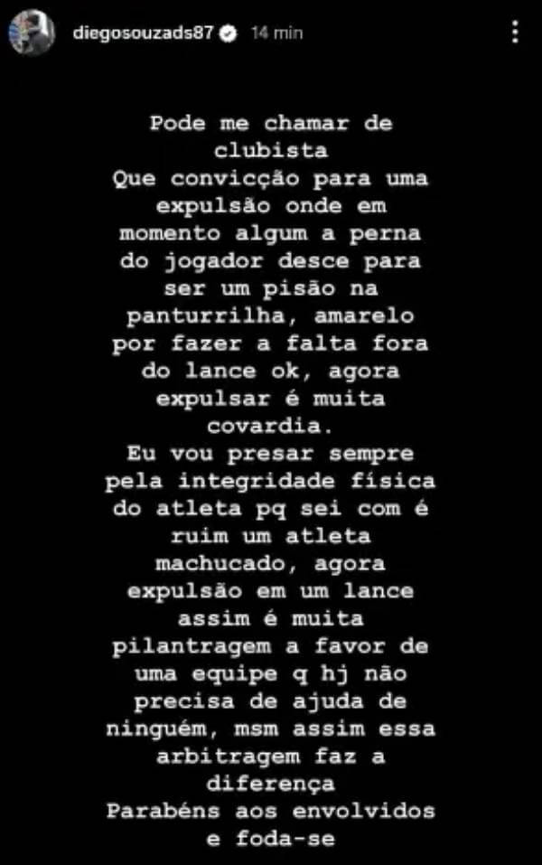 Diego Souza desabafa após expulsão de Barros