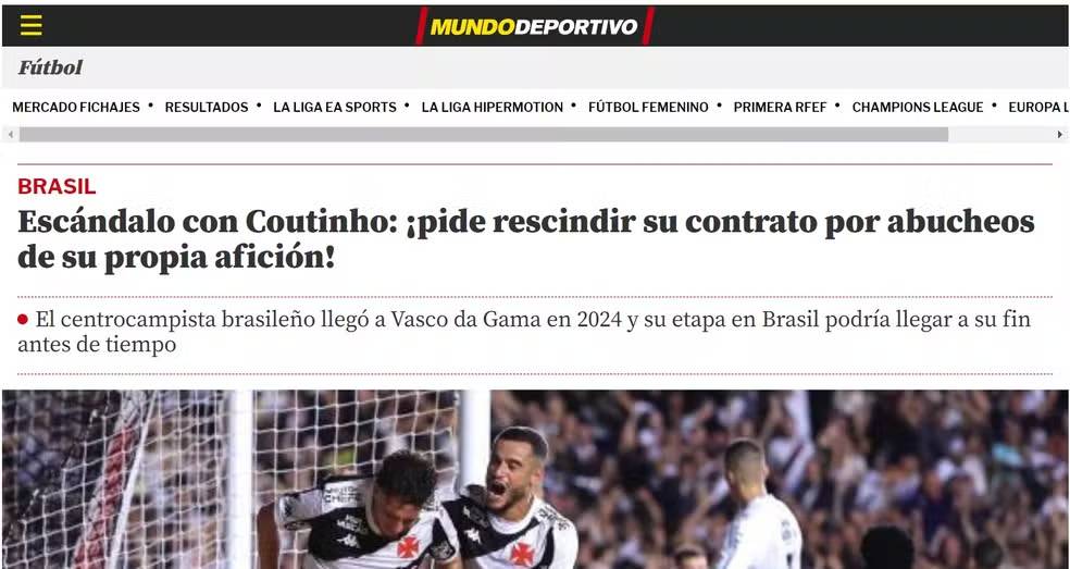 Mundo Deportivo repercute saída de Coutinho do Vasco