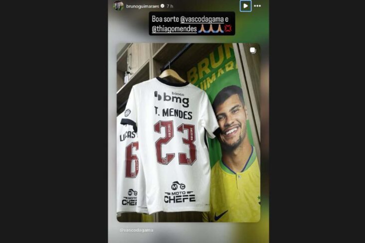 Camisa de Thiago Mendes ao lado de foto de Bruno Guimarães