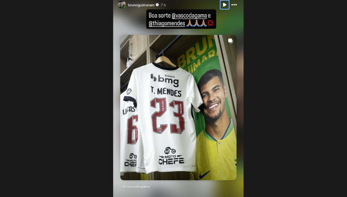 Camisa de Thiago Mendes ao lado de foto de Bruno Guimarães