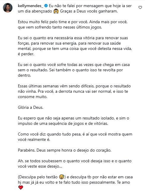 Texto publicado pela esposa de Thiago Mendes