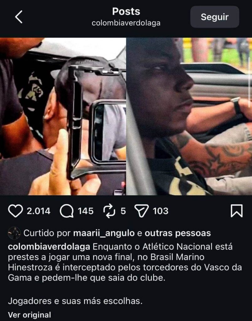 Hinestroza curte post de arrependimento em atuar no Vasco