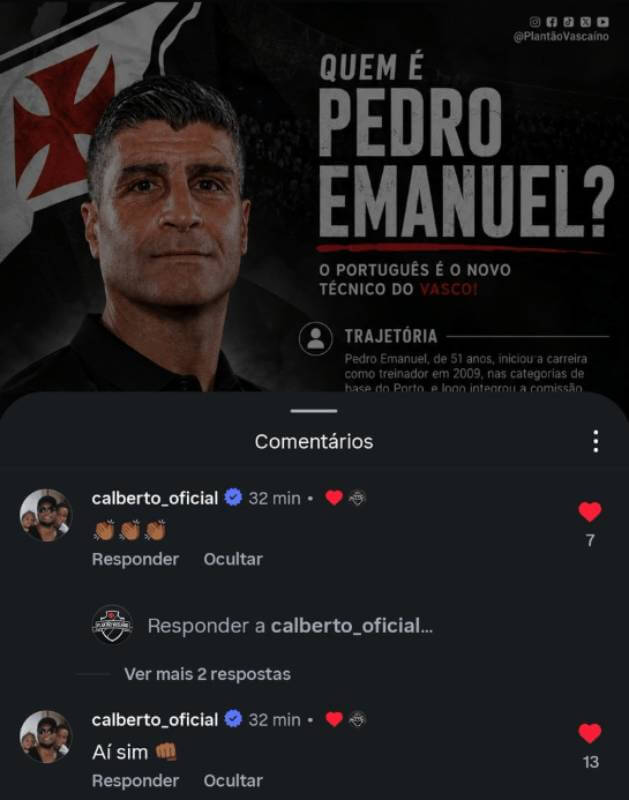 Carlos Alberto comemora chegada de Pedro Emanuel ao Vasco