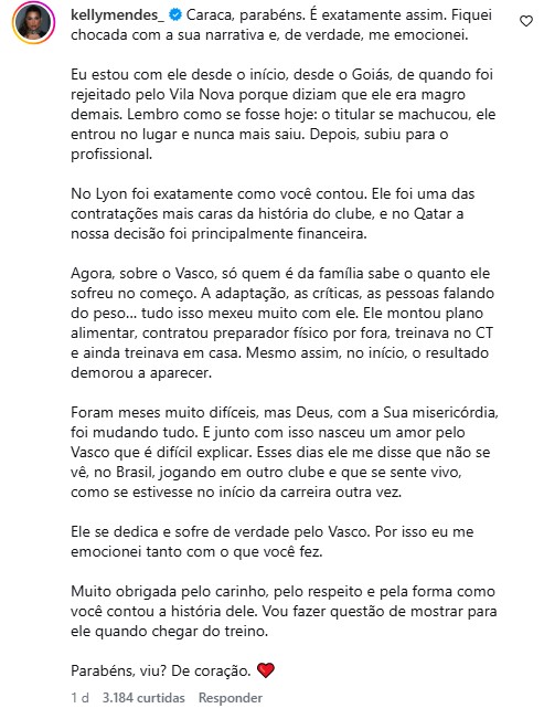 Comentário da esposa de Thiago Mendes