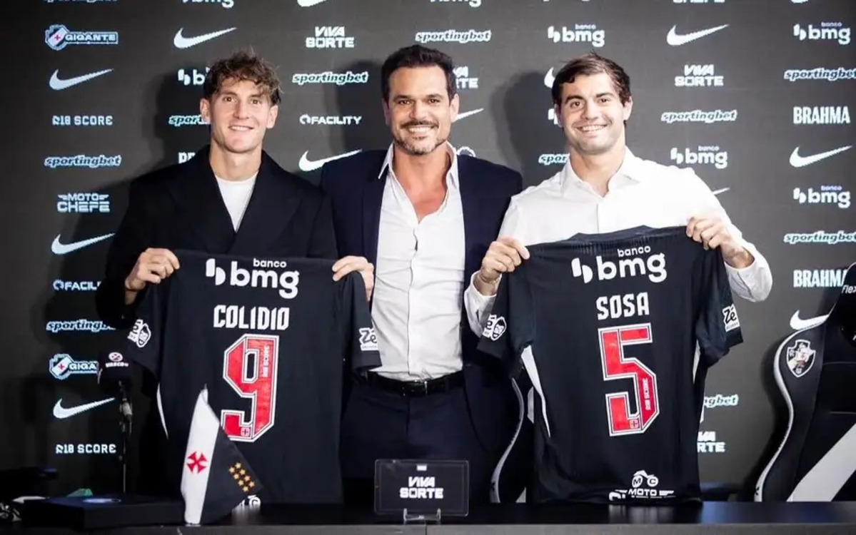 Colidio e Sosa ao lado de Admar Lopes durante a apresentação dos argentinos no Vasco