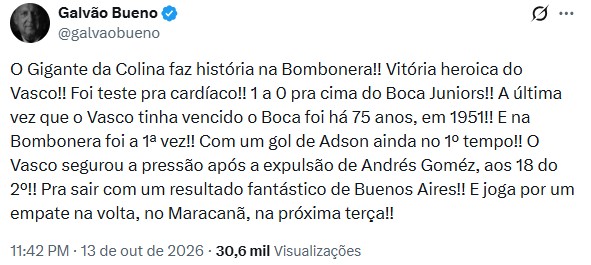 Galvão Bueno exaltou a vitória do Vasco sobre o Boca