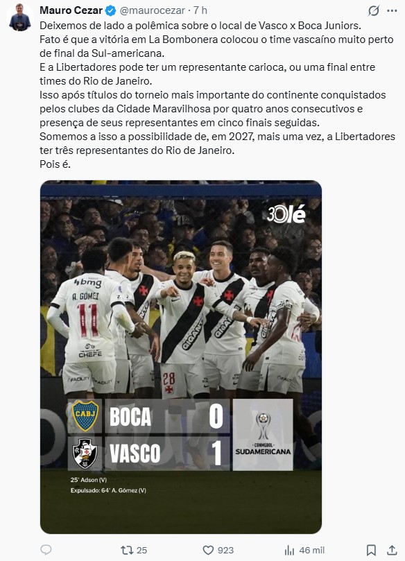 Comentário de Mauro Cezar sobre a vitória do Vasco sobre o Boca