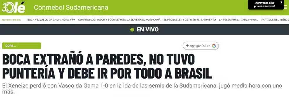 Olé repercute jogo Boca x Vasco